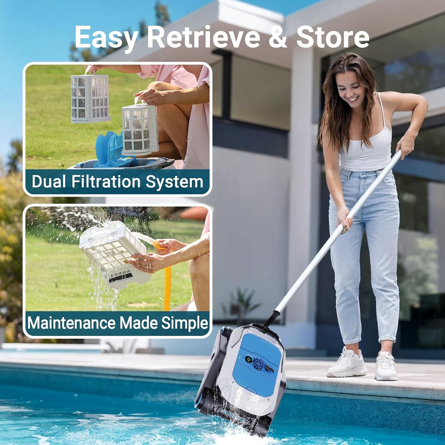 Degrii Zima Lite Akku Poolroboter 3h Laufzeit – Kabelloser Pool Robotersauger mit Automatischer Ultraschall-Navigation und 4.000 GPH (15.14 m³/h) Saugleistung für Wand, Boden und Wasserlinie