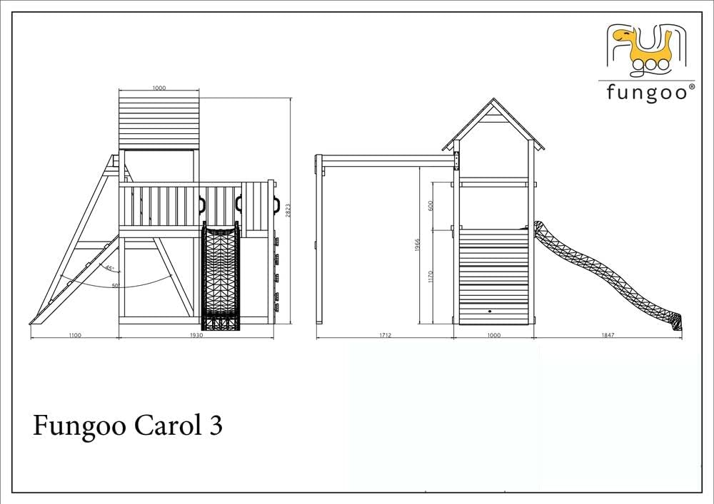 Fungoo Spielturm Carol 3 aus Fichtenholz mit roter Rutsche 220cm ,03005