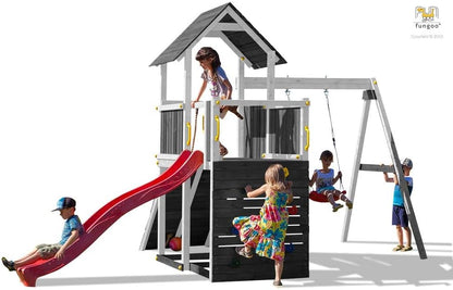 Fungoo Spielturm Carol 3 aus Fichtenholz mit roter Rutsche 220cm ,03005