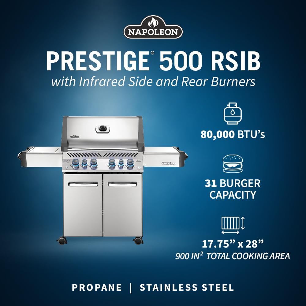 Napoleon P500RSIBPSS-3 Prestige 500 RSIB Propane Gas Grill, sq. in + Infrared Side and Rear Burner, Stainless Steel
