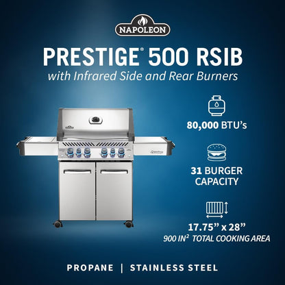 Napoleon P500RSIBPSS-3 Prestige 500 RSIB Propane Gas Grill, sq. in + Infrared Side and Rear Burner, Stainless Steel