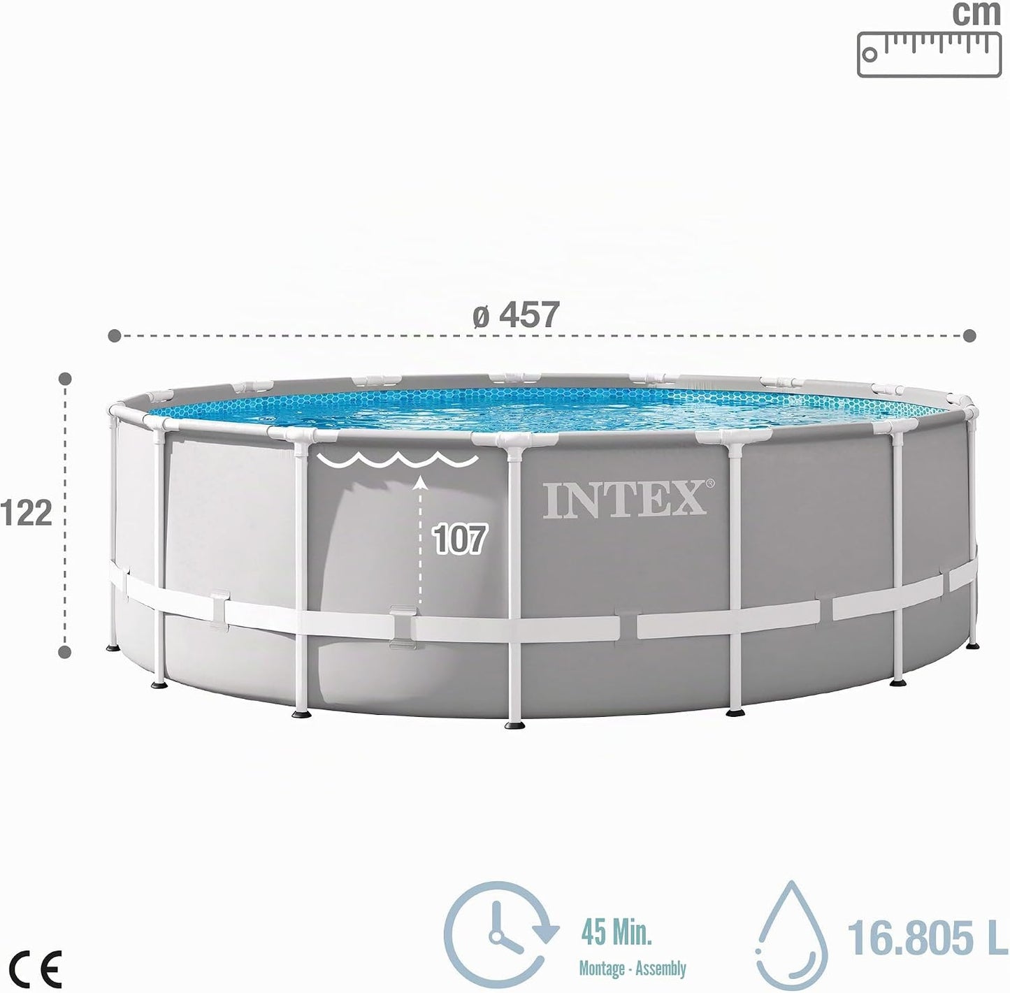 Intex 26726NP – Aufstellpool Prism Frame Rund, Filterpumpe 3785 L/h, Leiter, Bodenplane und Abdeckplane, 16805 L, Stahl und PVC, Grau, 457x122 cm