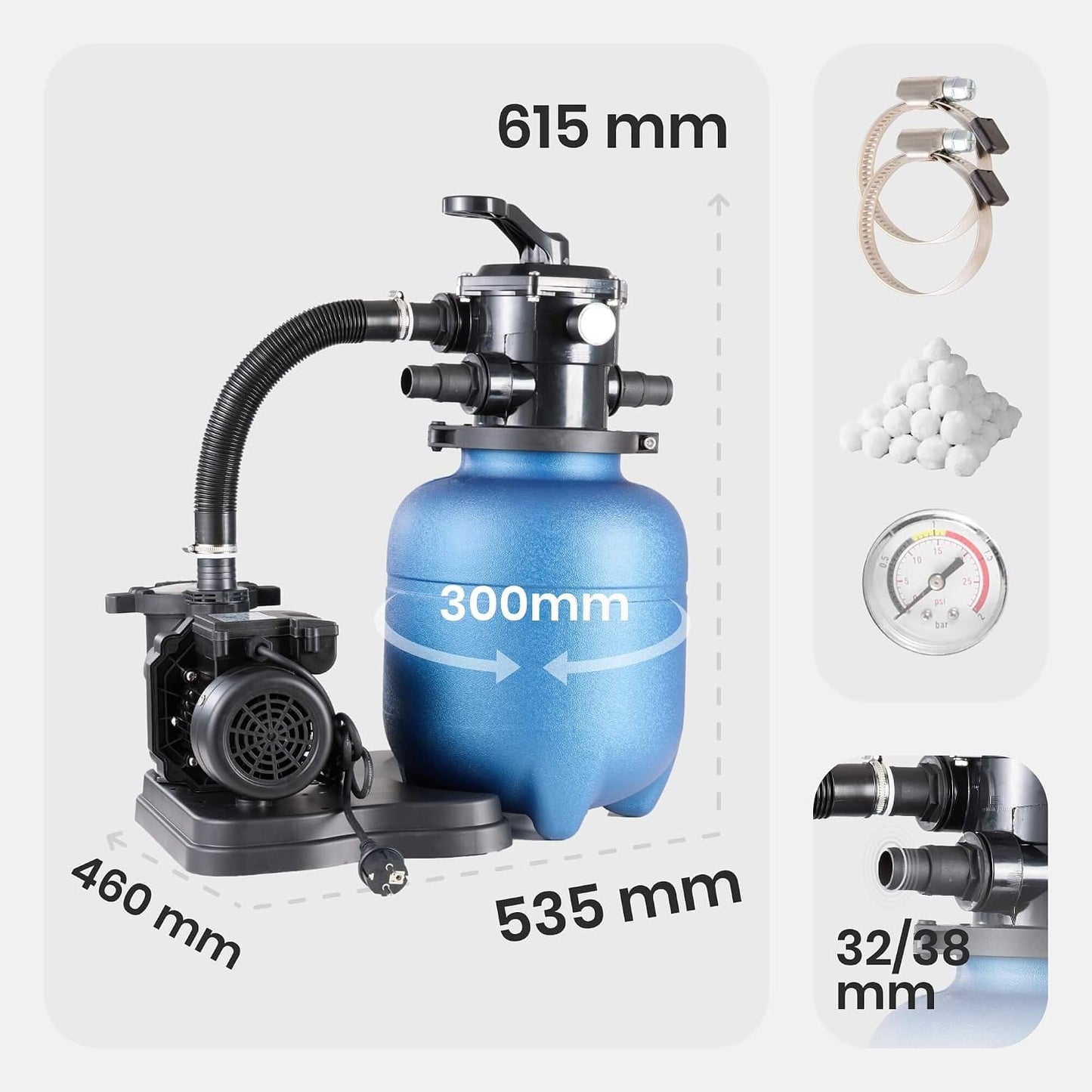 Arebos Sandfilteranlage mit Pumpe inkl. 600g Filterbälle | 350W | 9500 L/h | Tankvolumen bis zu 20 kg Sand | 7 - Wege Ventil mit Griff | mit Druckmanometer | Poolfilter | Blau