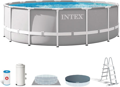 Intex 26726NP – Aufstellpool Prism Frame Rund, Filterpumpe 3785 L/h, Leiter, Bodenplane und Abdeckplane, 16805 L, Stahl und PVC, Grau, 457x122 cm