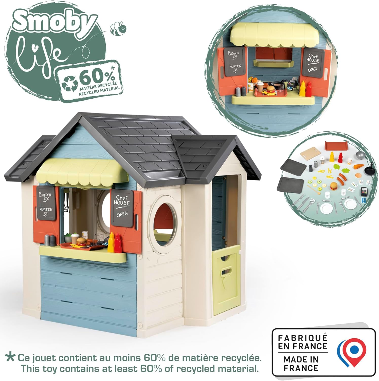 Smoby Life - Chef Spielhaus (124x132x135 cm) mit mind. 60% Recycling-Anteil - wetterfestes Gartenhaus für Kinder mit Verkaufstheke und Spielküche - Outdoor-Imbiss für Garten oder Terrasse - ab 2 Jahre