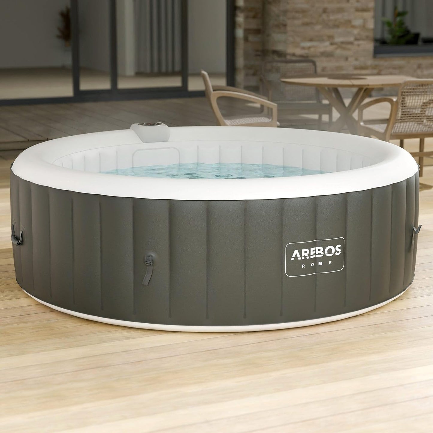 Arebos Whirlpool | aufblasbar | In- & Outdoor | 6 Personen | ⌀ 208 cm | 130 Massagedüsen | mit Heizung | 1.000 Liter | Inkl. Abdeckung | Bubble Spa & Wellness Massage
