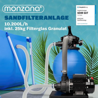 MONZANA Sandfilteranlage SF96K 9.600L/h bis 30.000L Pool | inkl. 1kg Filterbälle, 7 Wege Ventil, 2in1 Adapter, Ø32-38mm, 450W Filteranlage, Pumpe, Filterkessel, 25 Liter Tank