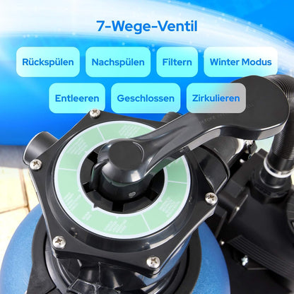 Arebos Sandfilteranlage mit Pumpe inkl. 600g Filterbälle | 350W | 9500 L/h | Tankvolumen bis zu 20 kg Sand | 7 - Wege Ventil mit Griff | mit Druckmanometer | Poolfilter | Blau