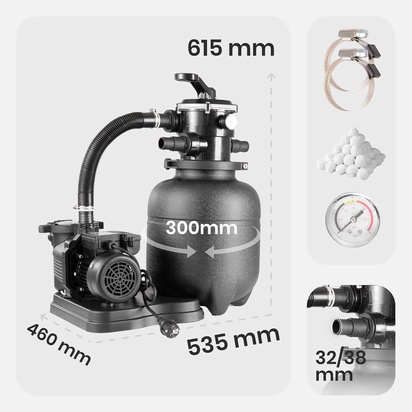 Arebos Sandfilteranlage mit Pumpe inkl. 600g Filterbälle | 350W | 9500 L/h | Tankvolumen bis zu 20 kg Sand | 7 - Wege Ventil mit Griff | mit Druckmanometer | Poolfilter | Blau