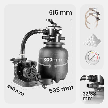 Arebos Sandfilteranlage mit Pumpe inkl. 600g Filterbälle | 350W | 9500 L/h | Tankvolumen bis zu 20 kg Sand | 7 - Wege Ventil mit Griff | mit Druckmanometer | Poolfilter | Blau