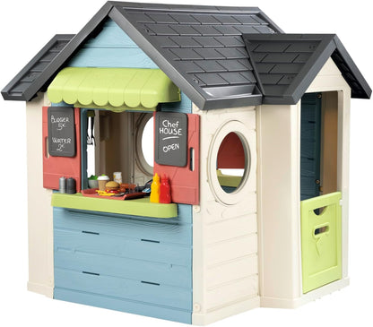 Smoby Life - Chef Spielhaus (124x132x135 cm) mit mind. 60% Recycling-Anteil - wetterfestes Gartenhaus für Kinder mit Verkaufstheke und Spielküche - Outdoor-Imbiss für Garten oder Terrasse - ab 2 Jahre