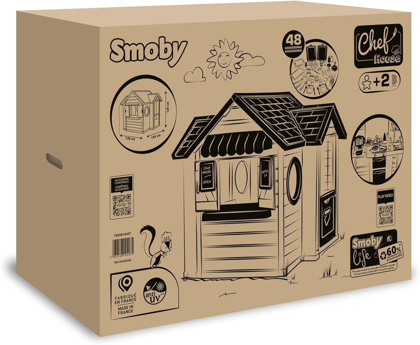 Smoby Life - Chef Spielhaus (124x132x135 cm) mit mind. 60% Recycling-Anteil - wetterfestes Gartenhaus für Kinder mit Verkaufstheke und Spielküche - Outdoor-Imbiss für Garten oder Terrasse - ab 2 Jahre