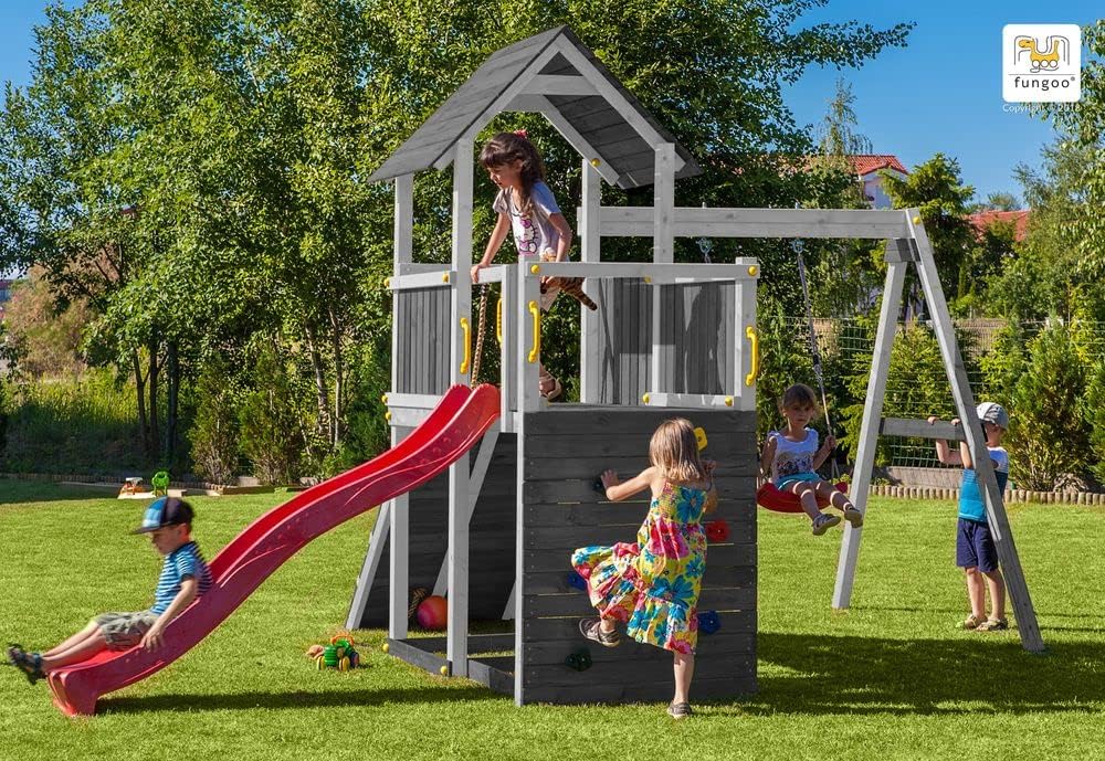 Fungoo Spielturm Carol 3 aus Fichtenholz mit roter Rutsche 220cm ,03005