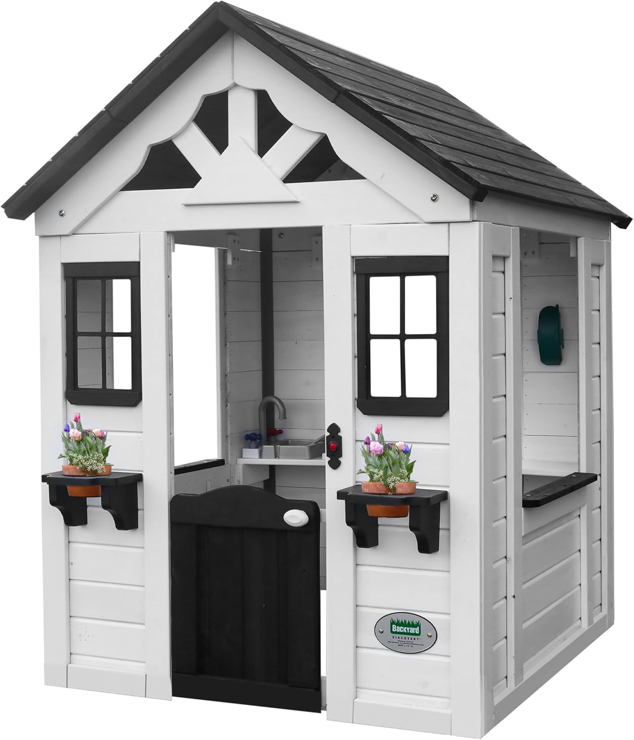 Backyard Discovery Spielhaus Sweetwater aus Holz | Outdoor Kinderspielhaus für den Garten inklusive Zubehör | Gartenhaus für Kinder mit Fenstern in Weiß & Anthrazit