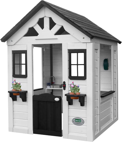 Backyard Discovery Spielhaus Sweetwater aus Holz | Outdoor Kinderspielhaus für den Garten inklusive Zubehör | Gartenhaus für Kinder mit Fenstern in Weiß & Anthrazit