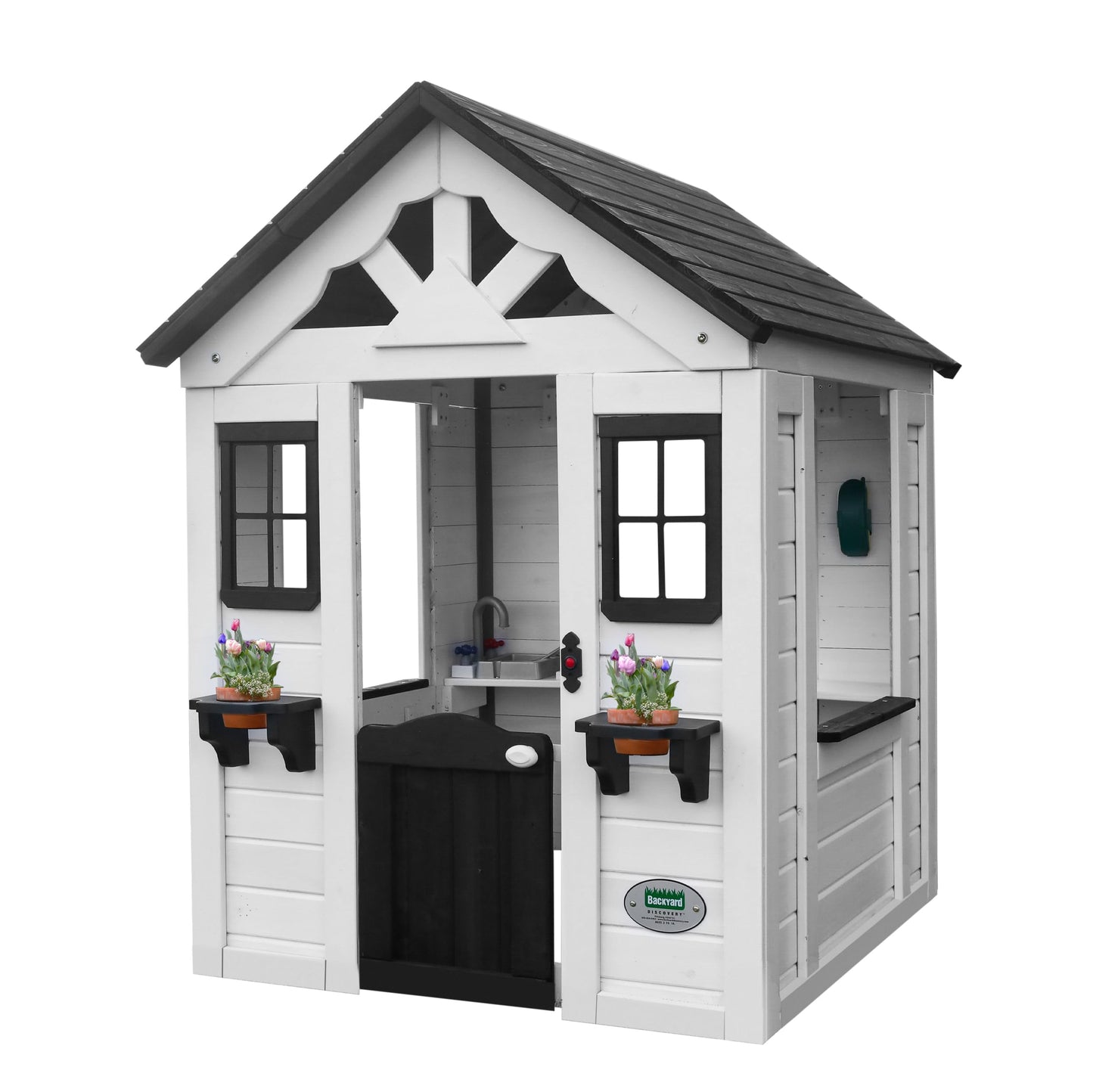 Backyard Discovery Spielhaus Sweetwater aus Holz | Outdoor Kinderspielhaus für den Garten inklusive Zubehör | Gartenhaus für Kinder mit Fenstern in Weiß & Anthrazit