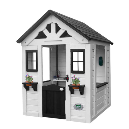 Backyard Discovery Spielhaus Sweetwater aus Holz | Outdoor Kinderspielhaus für den Garten inklusive Zubehör | Gartenhaus für Kinder mit Fenstern in Weiß & Anthrazit