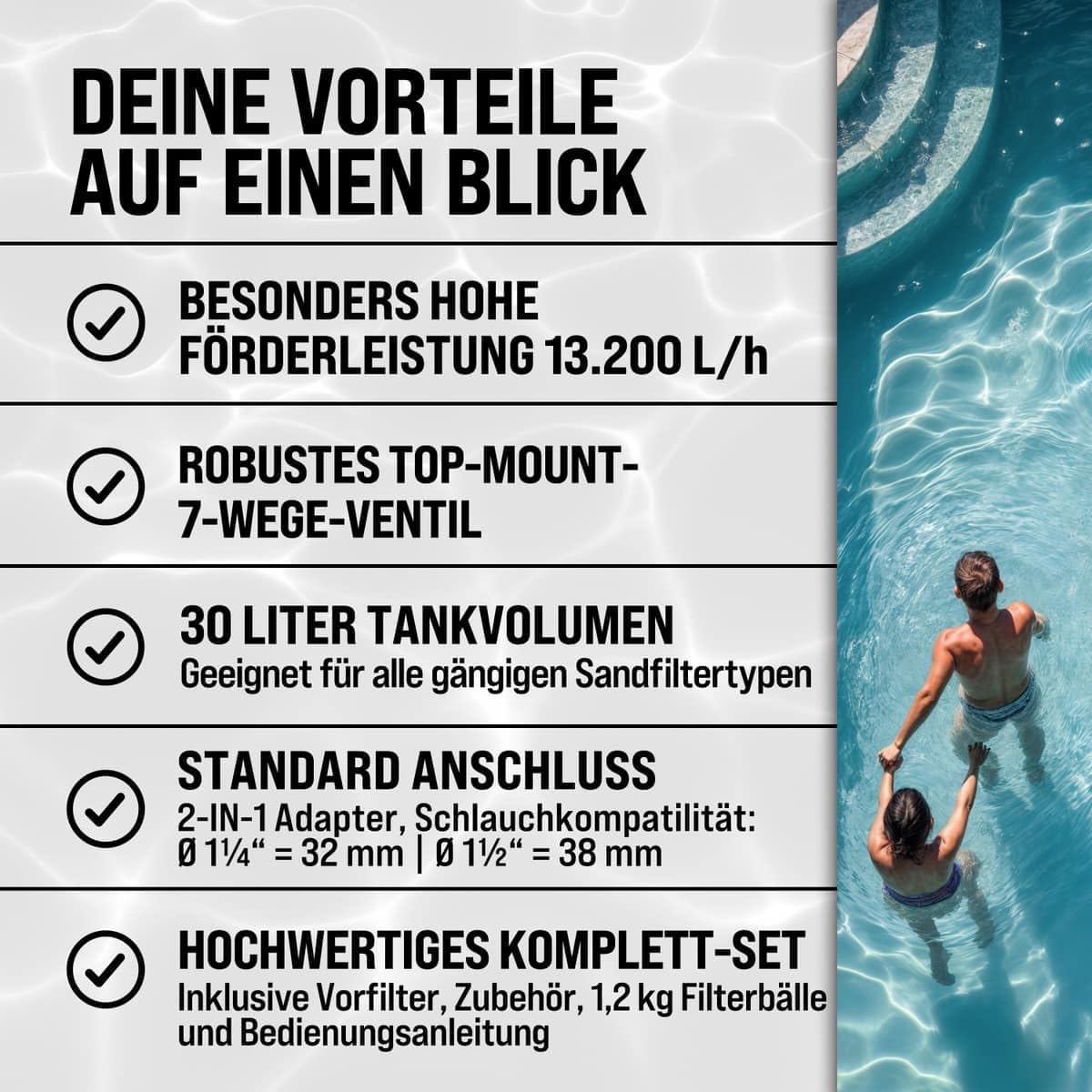MONZANA Sandfilteranlage SF96K 9.600L/h bis 30.000L Pool | inkl. 1kg Filterbälle, 7 Wege Ventil, 2in1 Adapter, Ø32-38mm, 450W Filteranlage, Pumpe, Filterkessel, 25 Liter Tank