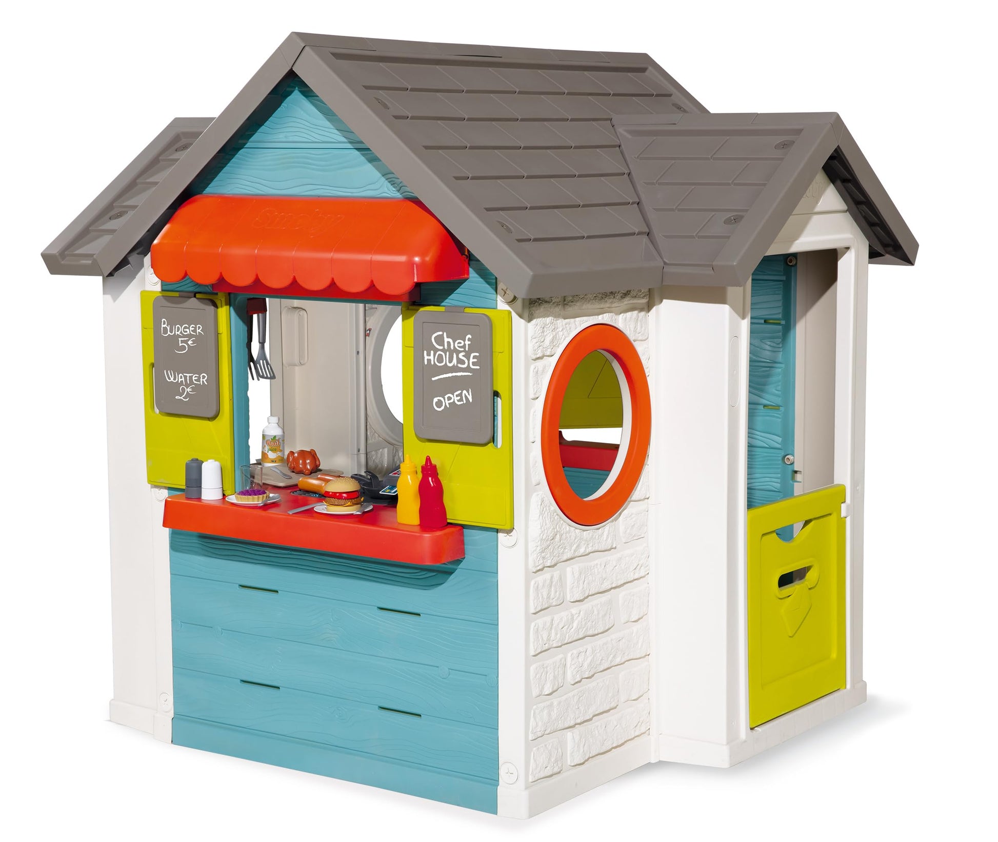 Smoby Life - Chef Spielhaus (124x132x135 cm) mit mind. 60% Recycling-Anteil - wetterfestes Gartenhaus für Kinder mit Verkaufstheke und Spielküche - Outdoor-Imbiss für Garten oder Terrasse - ab 2 Jahre
