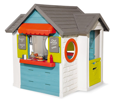 Smoby Life - Chef Spielhaus (124x132x135 cm) mit mind. 60% Recycling-Anteil - wetterfestes Gartenhaus für Kinder mit Verkaufstheke und Spielküche - Outdoor-Imbiss für Garten oder Terrasse - ab 2 Jahre