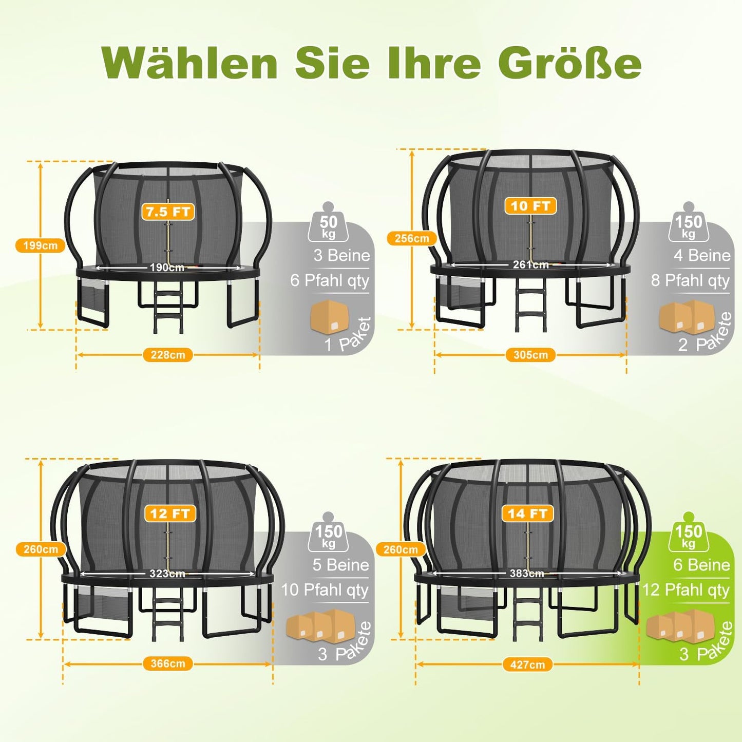 Devoko Trampolin Outdoor Ø 228/305/366/427/488 cm, GS-Zertifikat, Kindertrampolin Gartentrampolin mit Sicherheitsnetz, Rundes Riesentrampolin mit Leiter und Schuhbeutel