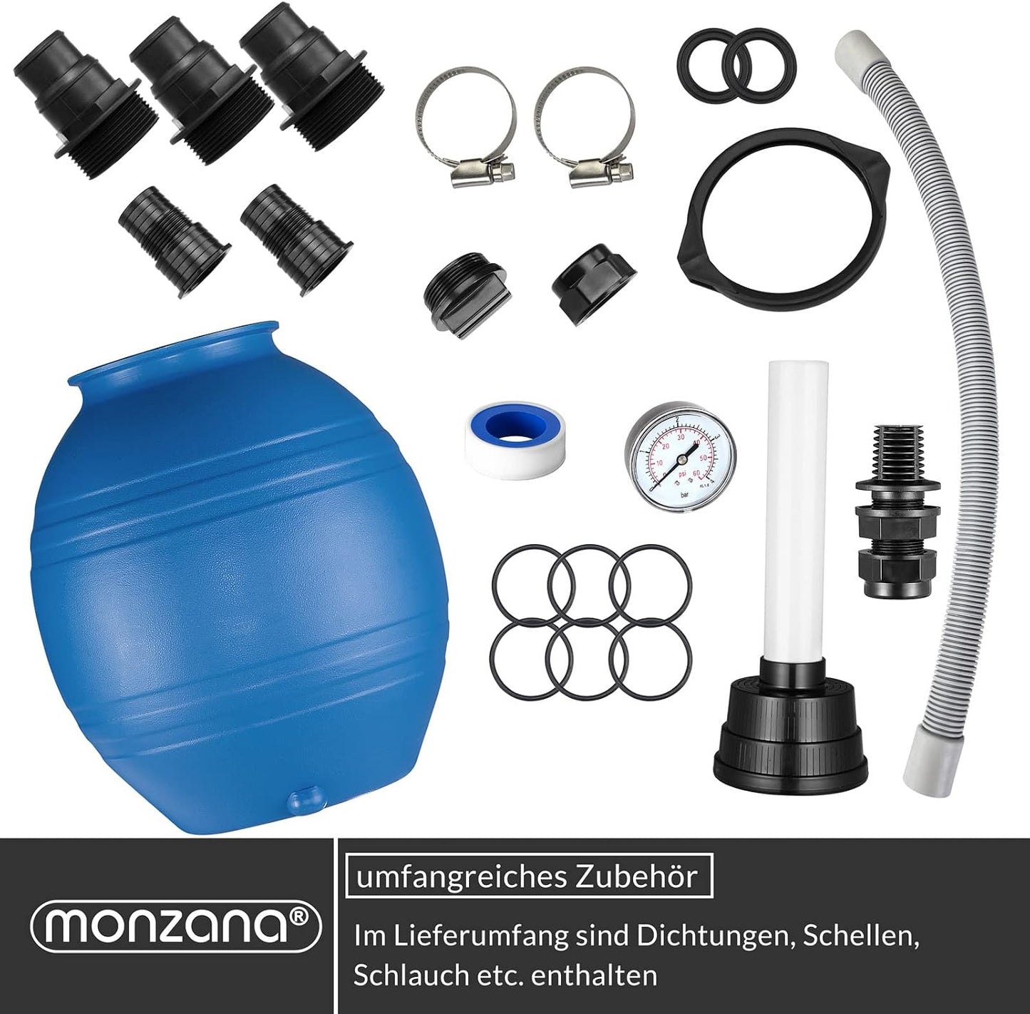 MONZANA Sandfilteranlage SF96K 9.600L/h bis 30.000L Pool | inkl. 1kg Filterbälle, 7 Wege Ventil, 2in1 Adapter, Ø32-38mm, 450W Filteranlage, Pumpe, Filterkessel, 25 Liter Tank