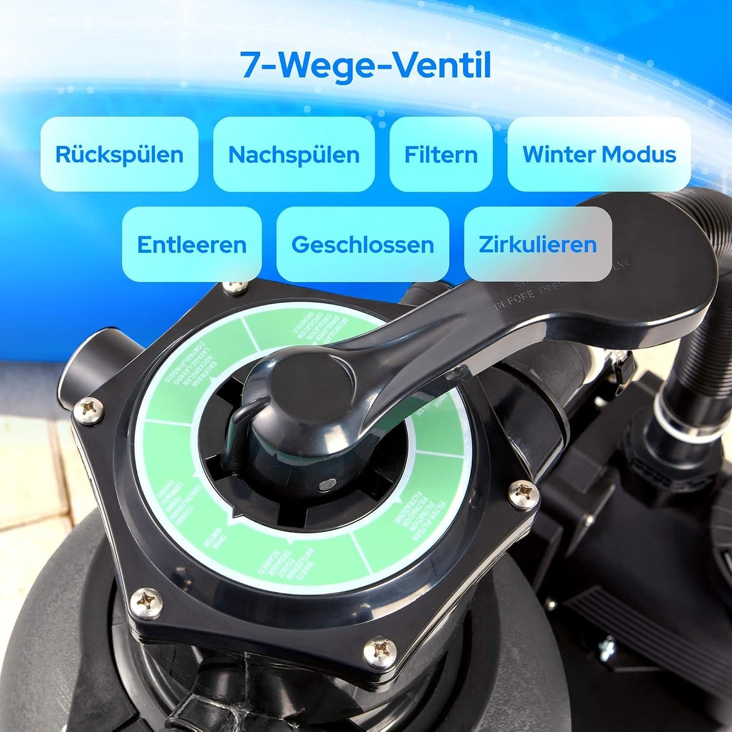 Arebos Sandfilteranlage mit Pumpe inkl. 600g Filterbälle | 350W | 9500 L/h | Tankvolumen bis zu 20 kg Sand | 7 - Wege Ventil mit Griff | mit Druckmanometer | Poolfilter | Blau