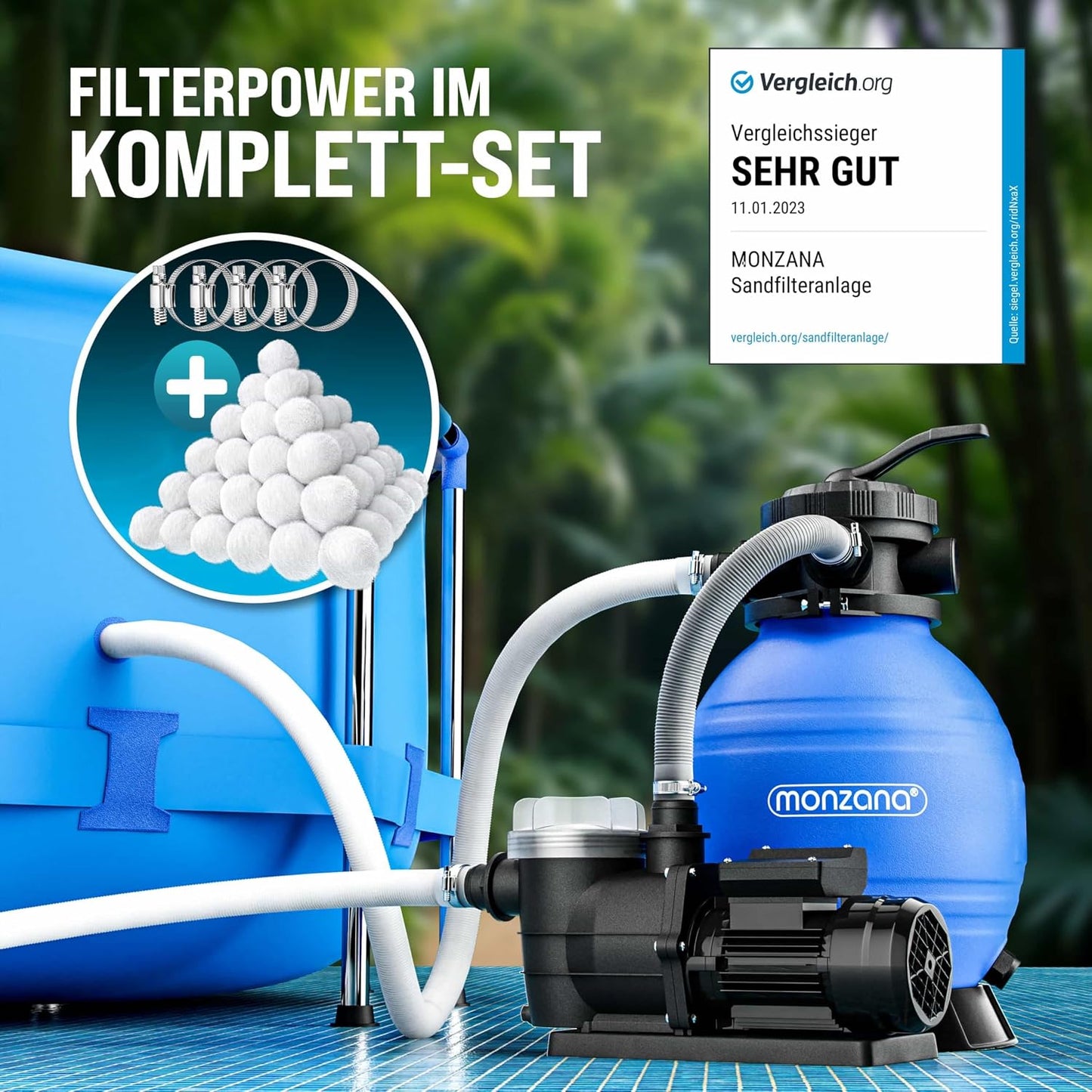 MONZANA Sandfilteranlage SF96K 9.600L/h bis 30.000L Pool | inkl. 1kg Filterbälle, 7 Wege Ventil, 2in1 Adapter, Ø32-38mm, 450W Filteranlage, Pumpe, Filterkessel, 25 Liter Tank