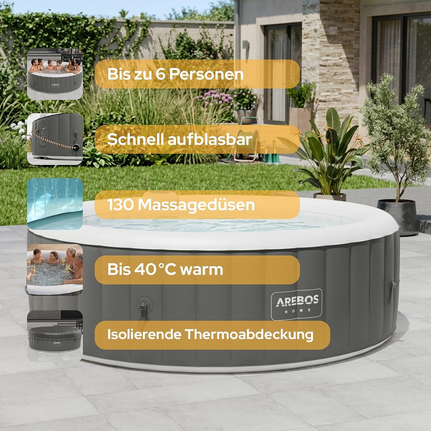 Arebos Whirlpool | aufblasbar | In- & Outdoor | 6 Personen | ⌀ 208 cm | 130 Massagedüsen | mit Heizung | 1.000 Liter | Inkl. Abdeckung | Bubble Spa & Wellness Massage