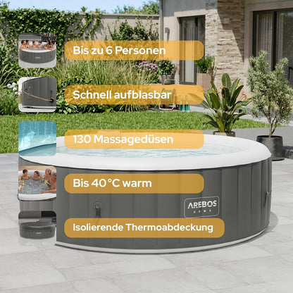 Arebos Whirlpool | aufblasbar | In- & Outdoor | 6 Personen | ⌀ 208 cm | 130 Massagedüsen | mit Heizung | 1.000 Liter | Inkl. Abdeckung | Bubble Spa & Wellness Massage