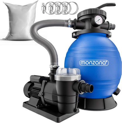 MONZANA Sandfilteranlage SF96K 9.600L/h bis 30.000L Pool | inkl. 1kg Filterbälle, 7 Wege Ventil, 2in1 Adapter, Ø32-38mm, 450W Filteranlage, Pumpe, Filterkessel, 25 Liter Tank