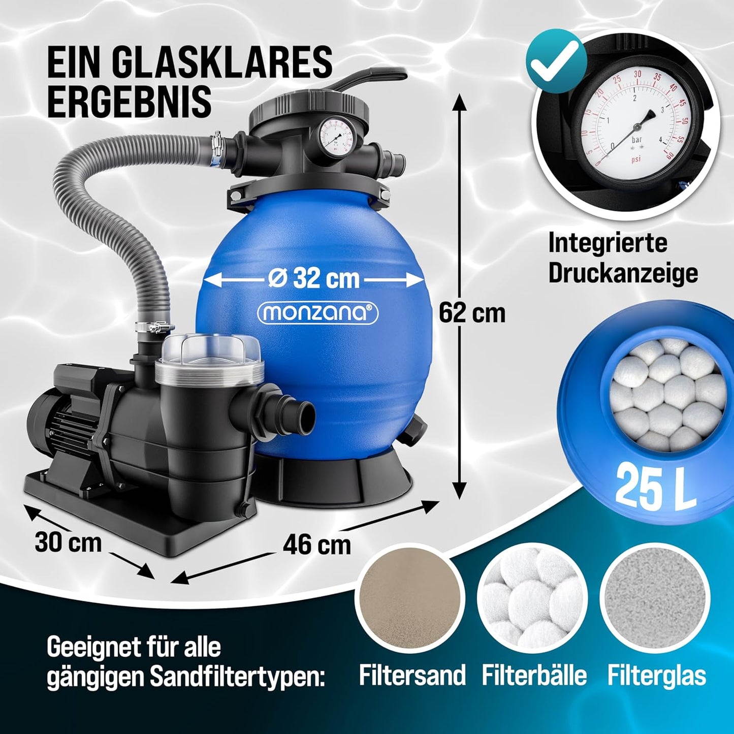 MONZANA Sandfilteranlage SF96K 9.600L/h bis 30.000L Pool | inkl. 1kg Filterbälle, 7 Wege Ventil, 2in1 Adapter, Ø32-38mm, 450W Filteranlage, Pumpe, Filterkessel, 25 Liter Tank