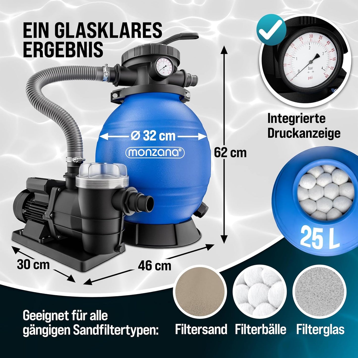 MONZANA Sandfilteranlage SF96K 9.600L/h bis 30.000L Pool | inkl. 1kg Filterbälle, 7 Wege Ventil, 2in1 Adapter, Ø32-38mm, 450W Filteranlage, Pumpe, Filterkessel, 25 Liter Tank