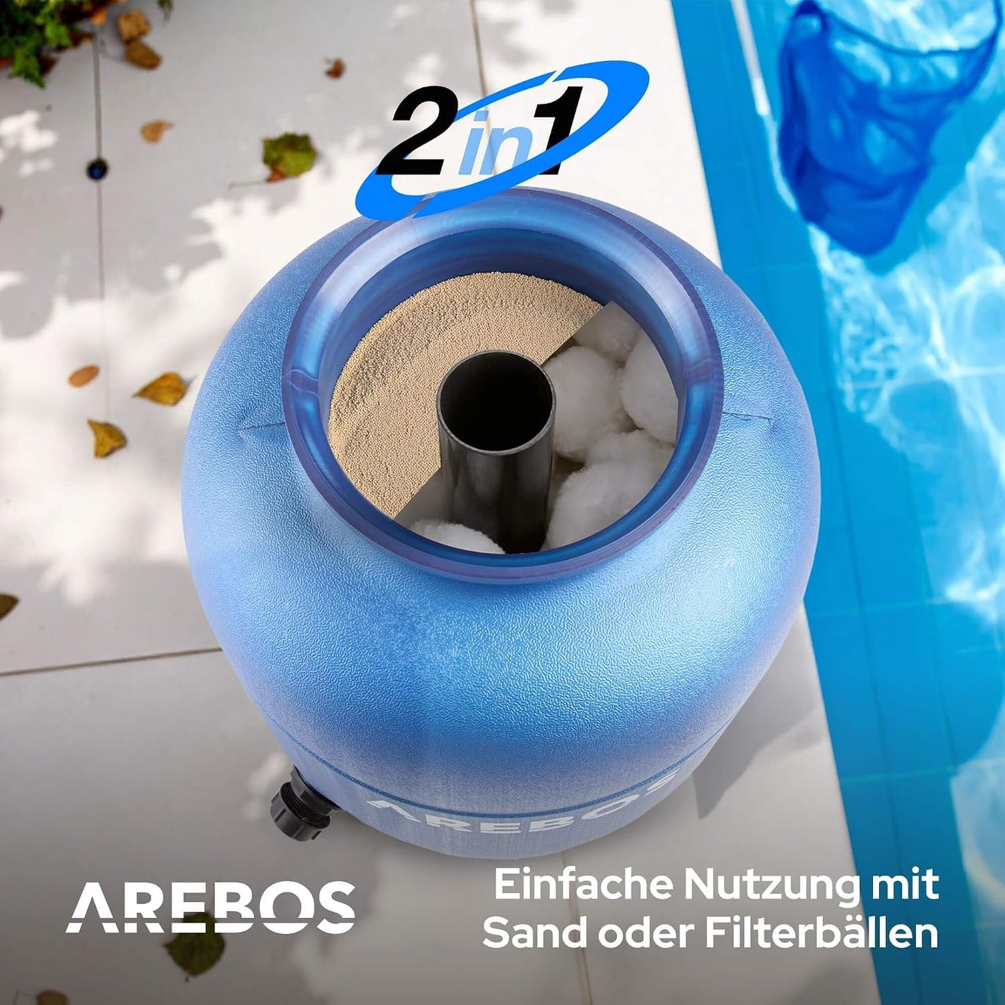 Arebos Sandfilteranlage mit Pumpe inkl. 600g Filterbälle | 350W | 9500 L/h | Tankvolumen bis zu 20 kg Sand | 7 - Wege Ventil mit Griff | mit Druckmanometer | Poolfilter | Blau