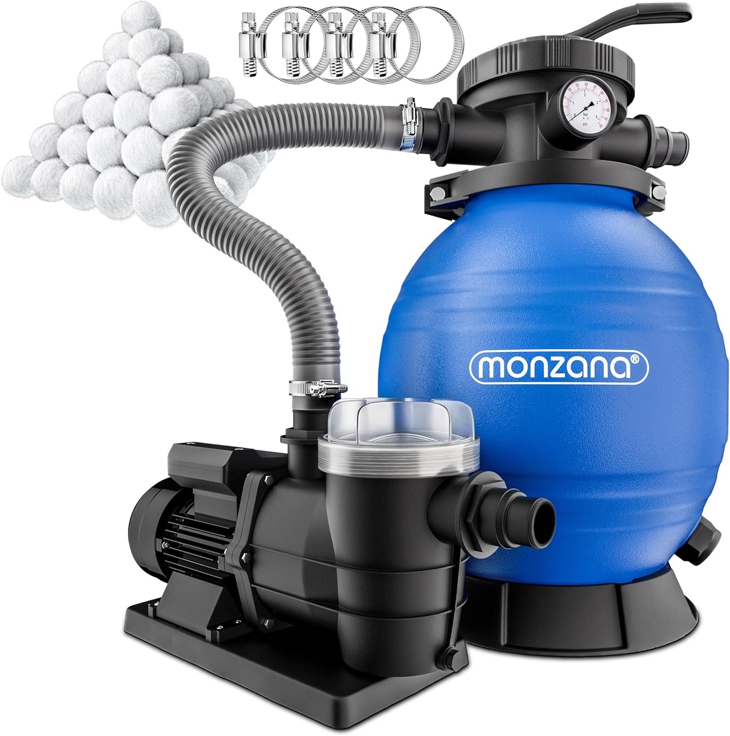 MONZANA Sandfilteranlage SF96K 9.600L/h bis 30.000L Pool | inkl. 1kg Filterbälle, 7 Wege Ventil, 2in1 Adapter, Ø32-38mm, 450W Filteranlage, Pumpe, Filterkessel, 25 Liter Tank