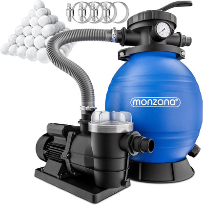 MONZANA Sandfilteranlage SF96K 9.600L/h bis 30.000L Pool | inkl. 1kg Filterbälle, 7 Wege Ventil, 2in1 Adapter, Ø32-38mm, 450W Filteranlage, Pumpe, Filterkessel, 25 Liter Tank