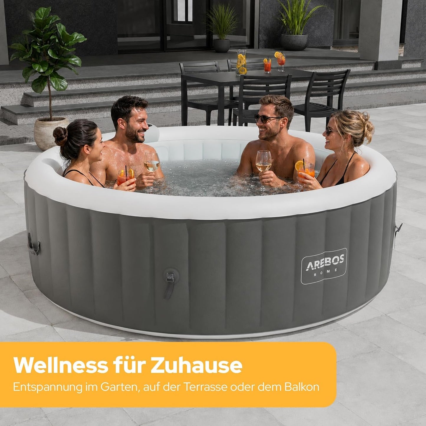 Arebos Whirlpool | aufblasbar | In- & Outdoor | 6 Personen | ⌀ 208 cm | 130 Massagedüsen | mit Heizung | 1.000 Liter | Inkl. Abdeckung | Bubble Spa & Wellness Massage
