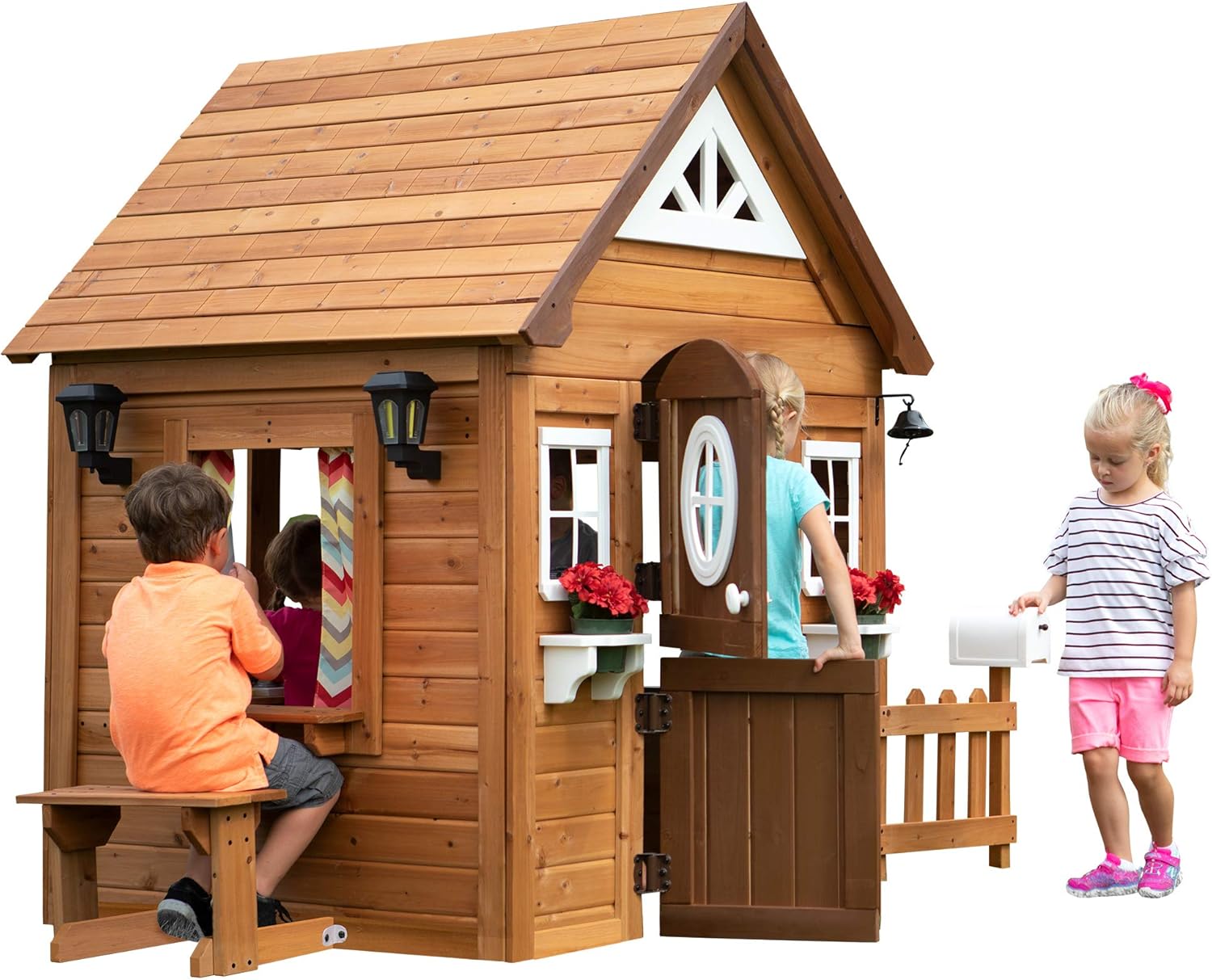 Backyard Discovery Spielhaus Aspen aus Holz | Outdoor Kinderspielhaus für den Garten inklusive Zubehör | Gartenhaus für Kinder mit Fenstern in Braun & Weiß