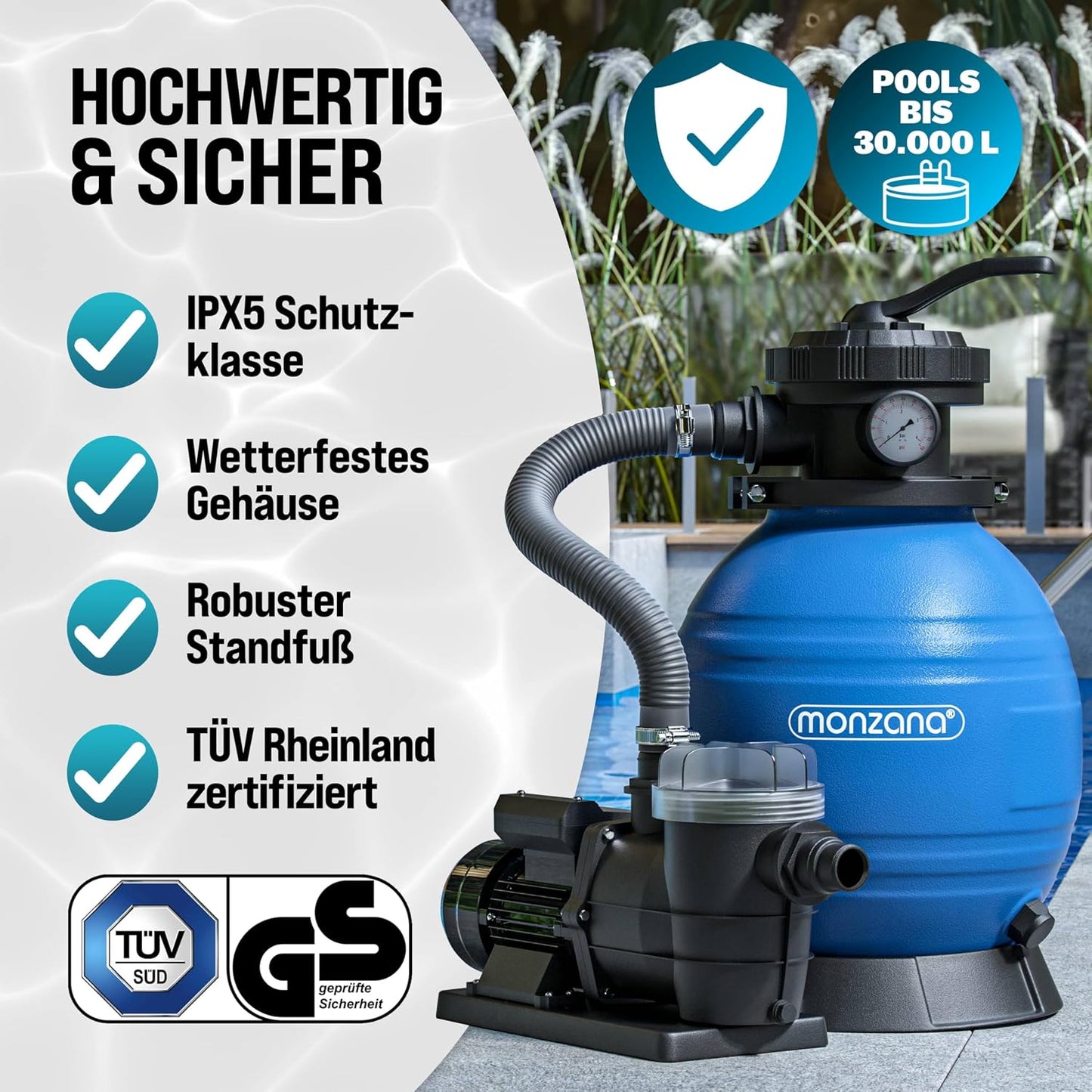 MONZANA Sandfilteranlage SF96K 9.600L/h bis 30.000L Pool | inkl. 1kg Filterbälle, 7 Wege Ventil, 2in1 Adapter, Ø32-38mm, 450W Filteranlage, Pumpe, Filterkessel, 25 Liter Tank