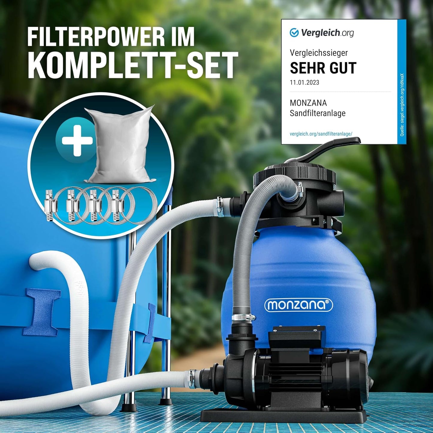 MONZANA Sandfilteranlage SF96K 9.600L/h bis 30.000L Pool | inkl. 1kg Filterbälle, 7 Wege Ventil, 2in1 Adapter, Ø32-38mm, 450W Filteranlage, Pumpe, Filterkessel, 25 Liter Tank