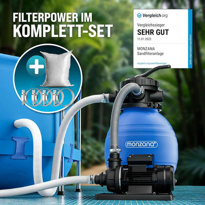 MONZANA Sandfilteranlage SF96K 9.600L/h bis 30.000L Pool | inkl. 1kg Filterbälle, 7 Wege Ventil, 2in1 Adapter, Ø32-38mm, 450W Filteranlage, Pumpe, Filterkessel, 25 Liter Tank