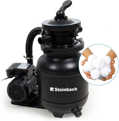 Steinbach Filteranlage Active Balls+ – 040386 – Nicht selbstsaugende Pumpe für Pools mit bis zu 19.000 l – Mit 7-Wege-Ventil mit Verstellhebel und Manometer – Inkl. ca. 300 g Filter Balls