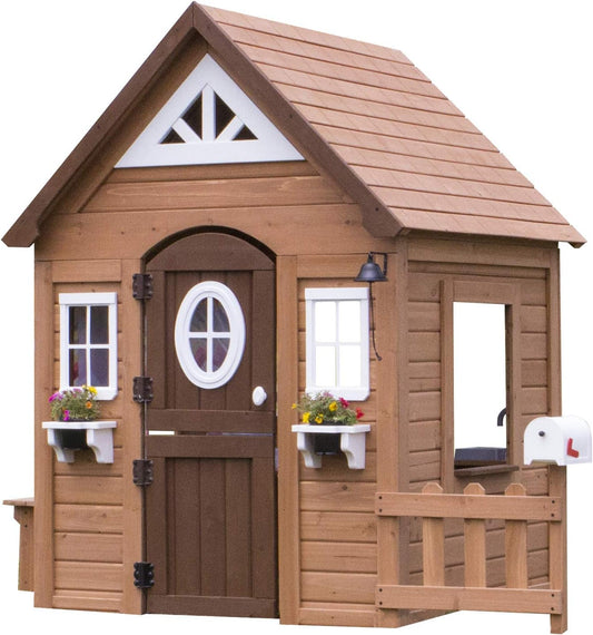 Backyard Discovery Spielhaus Aspen aus Holz | Outdoor Kinderspielhaus für den Garten inklusive Zubehör | Gartenhaus für Kinder mit Fenstern in Braun & Weiß