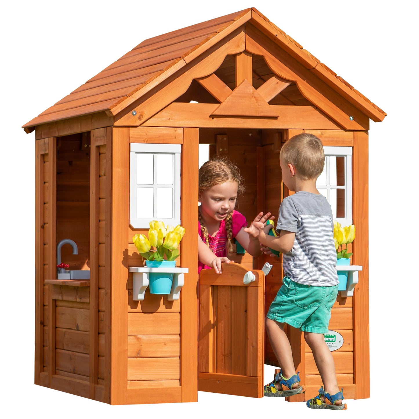 Backyard Discovery Spielhaus Sweetwater aus Holz | Outdoor Kinderspielhaus für den Garten inklusive Zubehör | Gartenhaus für Kinder mit Fenstern in Weiß & Anthrazit