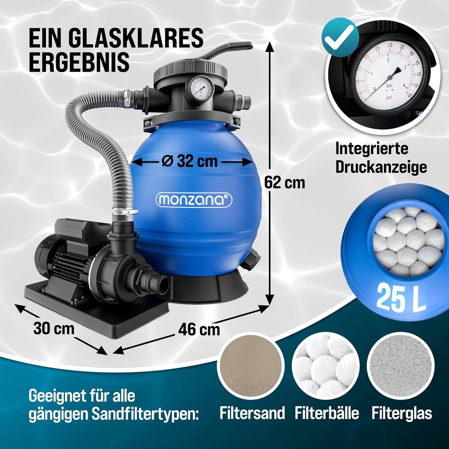 MONZANA Sandfilteranlage SF96K 9.600L/h bis 30.000L Pool | inkl. 1kg Filterbälle, 7 Wege Ventil, 2in1 Adapter, Ø32-38mm, 450W Filteranlage, Pumpe, Filterkessel, 25 Liter Tank