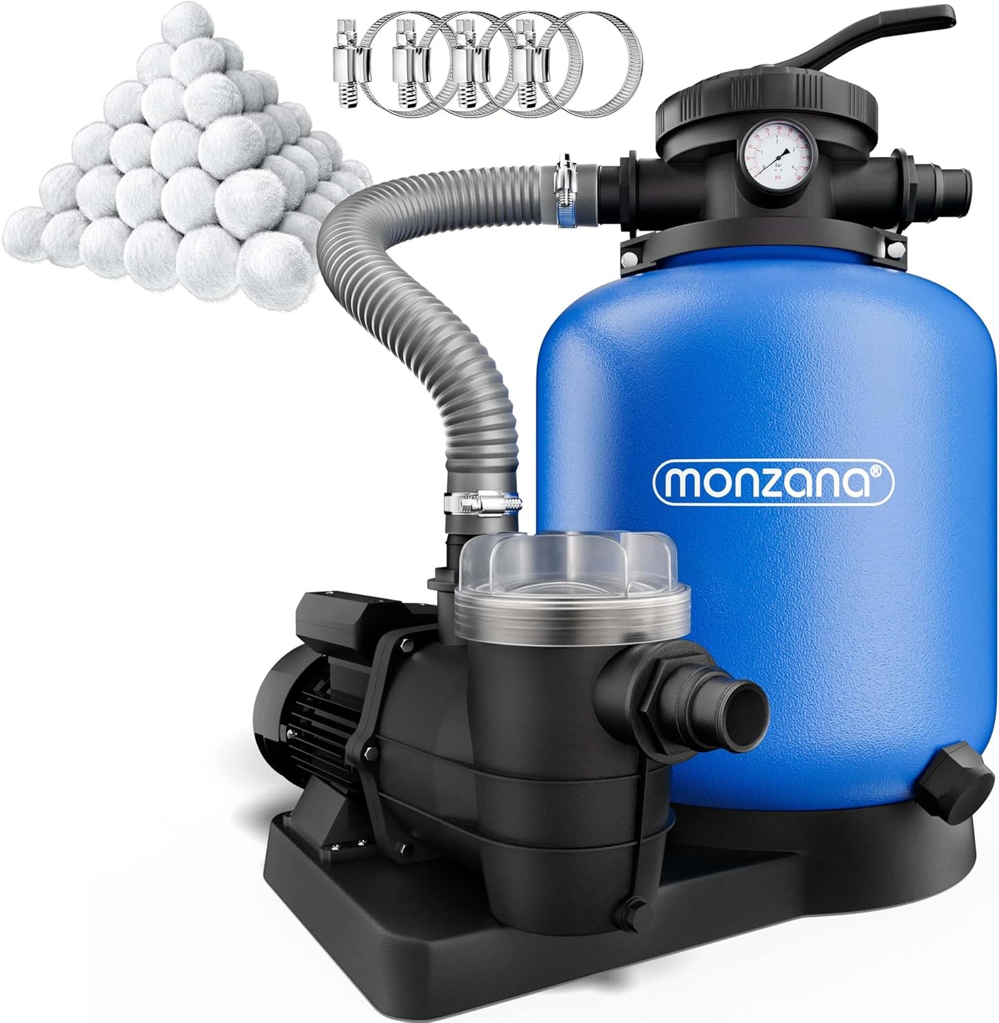 MONZANA Sandfilteranlage SF96K 9.600L/h bis 30.000L Pool | inkl. 1kg Filterbälle, 7 Wege Ventil, 2in1 Adapter, Ø32-38mm, 450W Filteranlage, Pumpe, Filterkessel, 25 Liter Tank