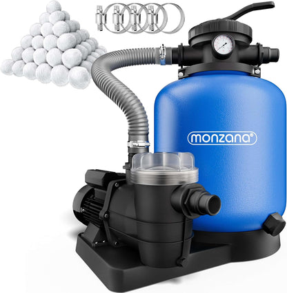 MONZANA Sandfilteranlage SF96K 9.600L/h bis 30.000L Pool | inkl. 1kg Filterbälle, 7 Wege Ventil, 2in1 Adapter, Ø32-38mm, 450W Filteranlage, Pumpe, Filterkessel, 25 Liter Tank