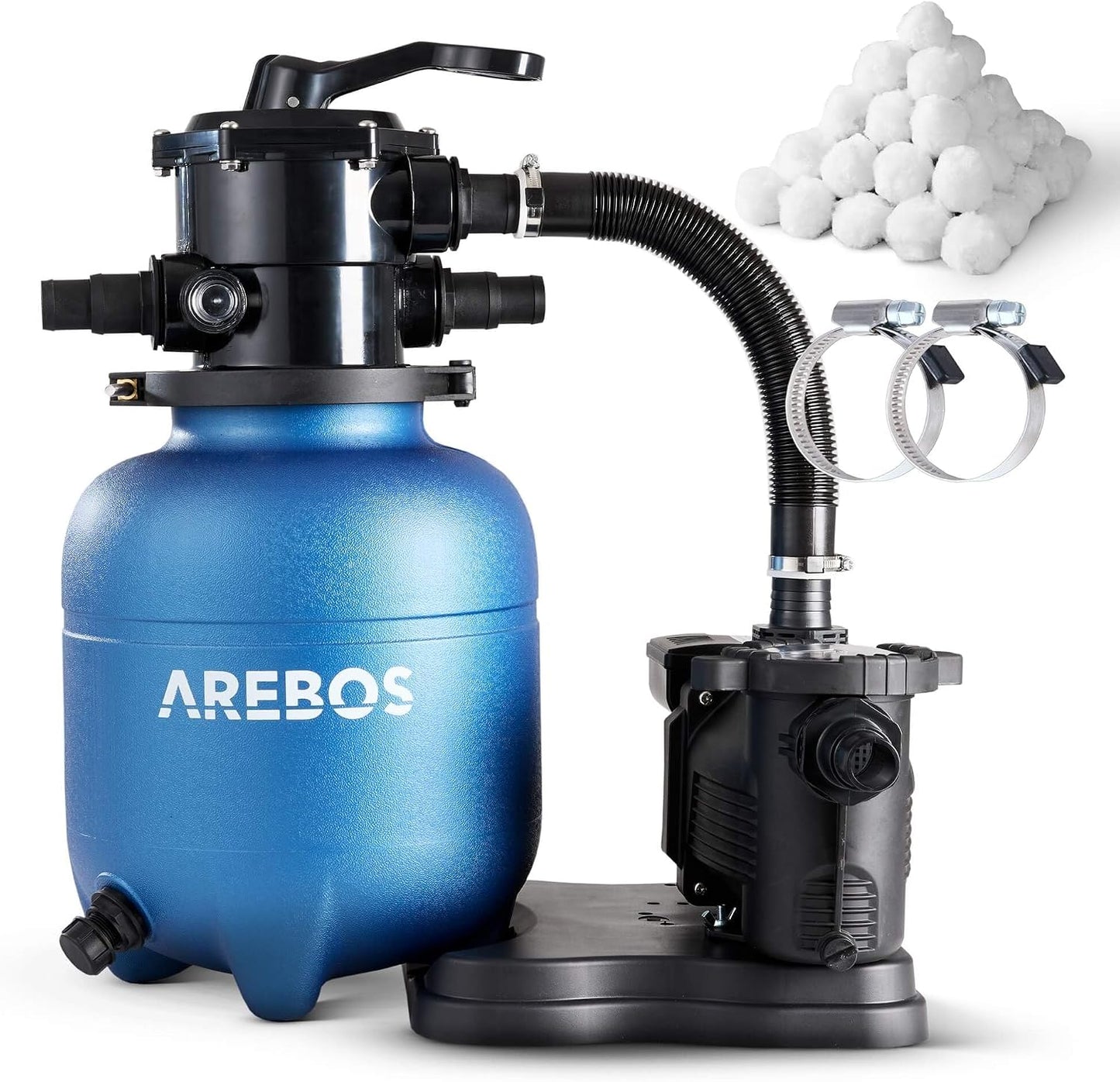 Arebos Sandfilteranlage mit Pumpe inkl. 600g Filterbälle | 350W | 9500 L/h | Tankvolumen bis zu 20 kg Sand | 7 - Wege Ventil mit Griff | mit Druckmanometer | Poolfilter | Blau