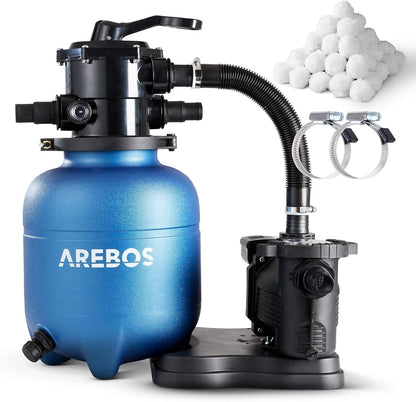 Arebos Sandfilteranlage mit Pumpe inkl. 600g Filterbälle | 350W | 9500 L/h | Tankvolumen bis zu 20 kg Sand | 7 - Wege Ventil mit Griff | mit Druckmanometer | Poolfilter | Blau