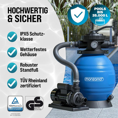 MONZANA Sandfilteranlage SF96K 9.600L/h bis 30.000L Pool | inkl. 1kg Filterbälle, 7 Wege Ventil, 2in1 Adapter, Ø32-38mm, 450W Filteranlage, Pumpe, Filterkessel, 25 Liter Tank